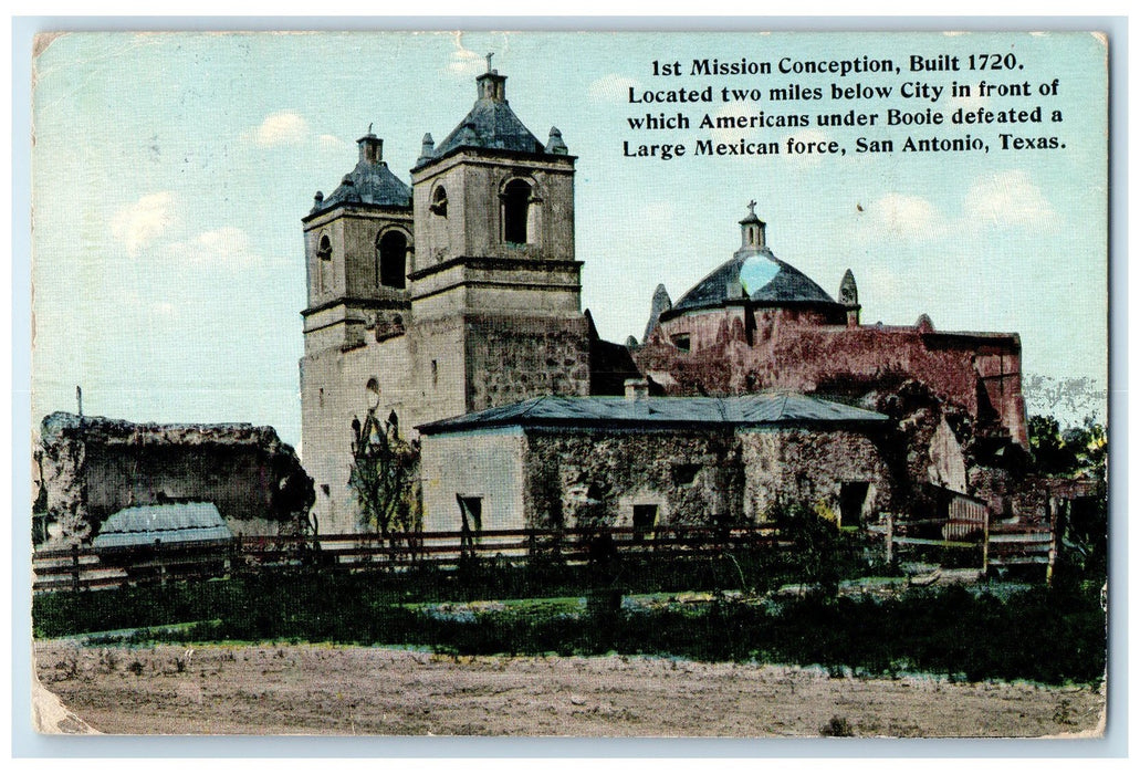 1913 First Mission Conception Built 1720 Tower Valentine Texas TX DPO Postcard