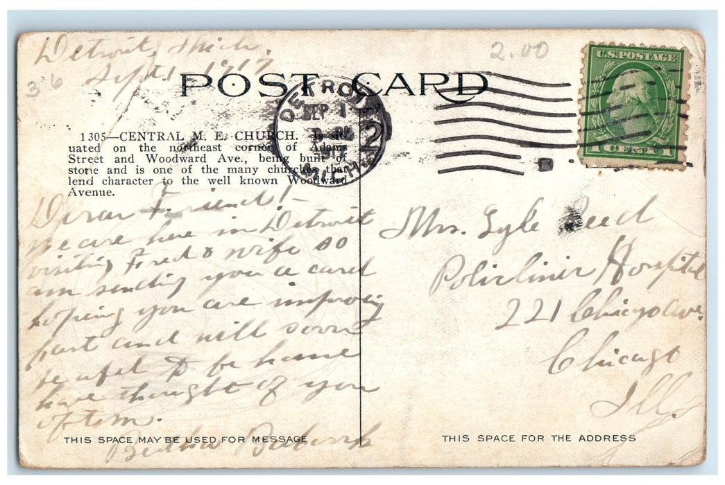 1917 Central Methodist Episcopal Church Building Detroit Michigan MI Postcard