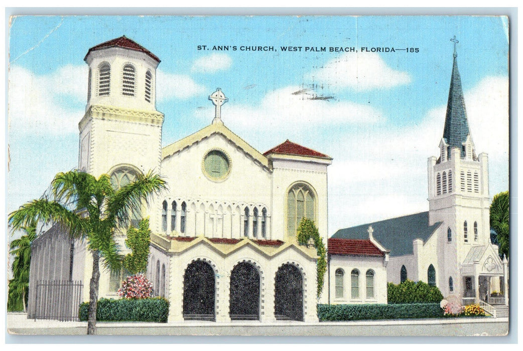 c1950 St. Ann's Church Building Cross Tower West Palm Beach Florida FL Postcard