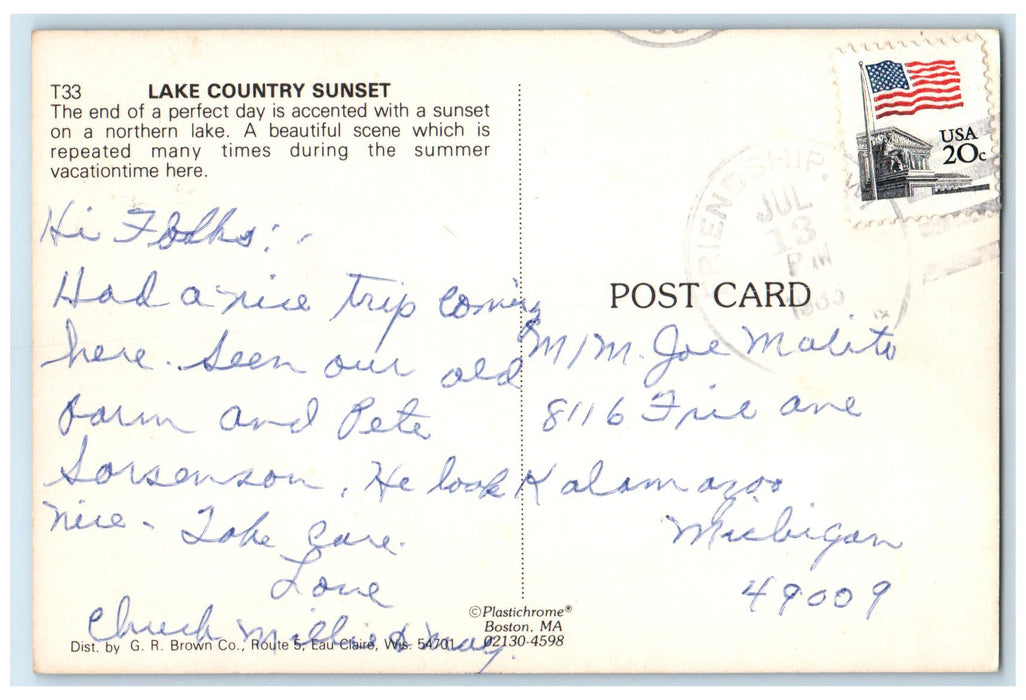 1983 Greetings From Friendship Wisconsin WI Posted Lake Country Sunset Postcard