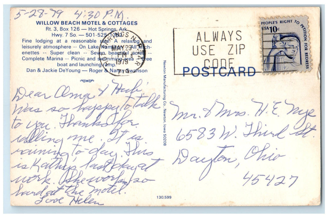 1979 Willow Beach Motel & Cottages Hot Springs Arkansas AR Posted Trees Postcard