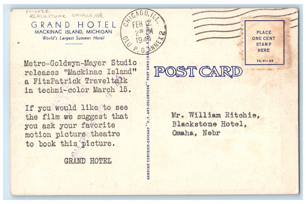 1944 Grand Hotel Largest Summer Hotel Mackinac Island MI Unposted Boats Postcard