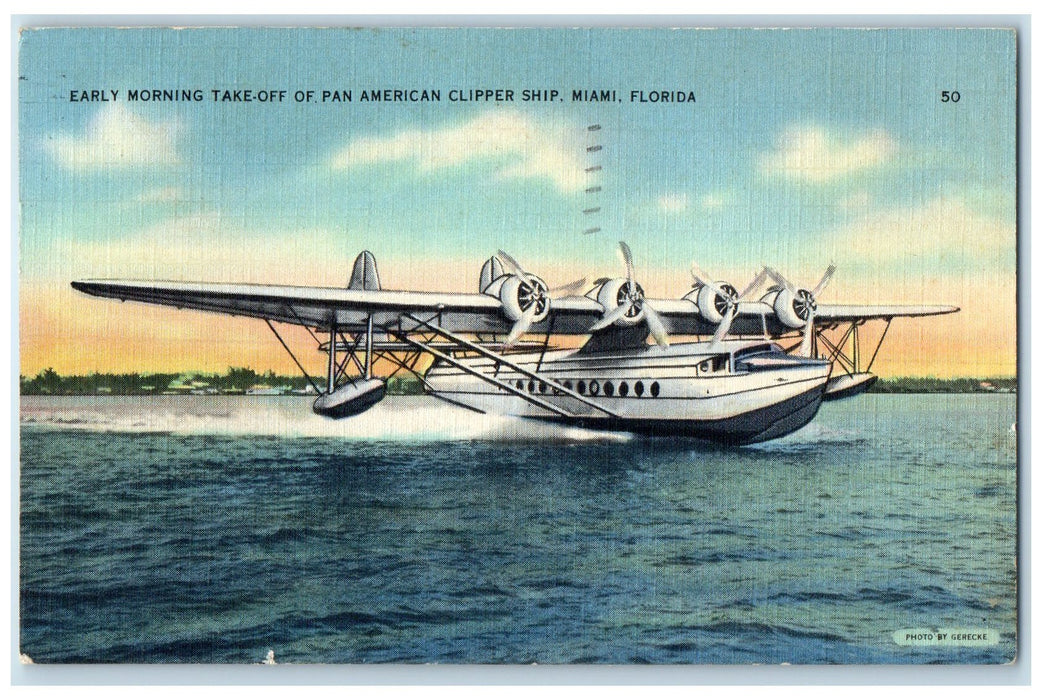 1941 Early Morning Take-Off Pan American Clipper Ship Miami Florida FL Postcard