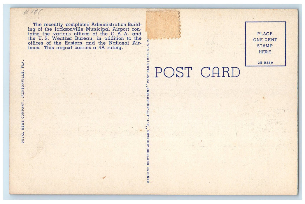 c1940's Municipal Airport Administration Building Jacksonville FL Plane Postcard
