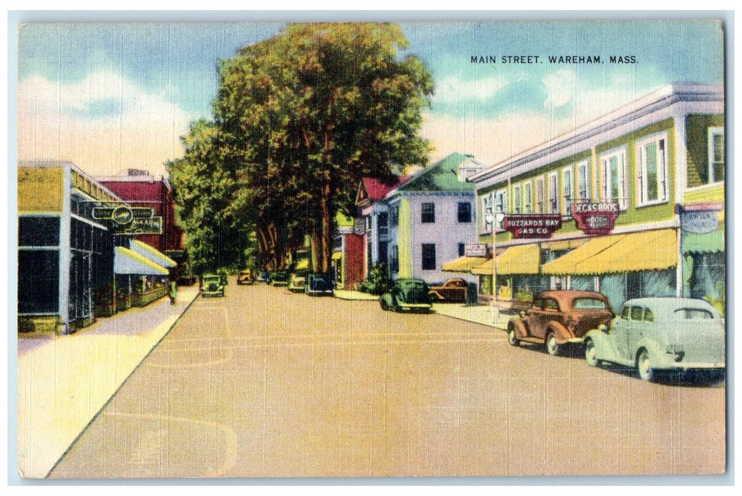 c1940's Main Street Shops & Cars View Wareham Massachusetts MA Unposted Postcard