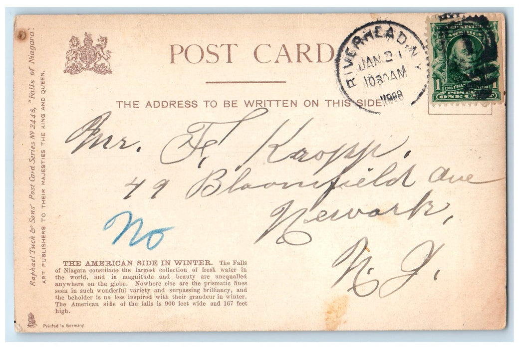 1908 Niagara Falls American Side In Winter Riverhead New York NY Posted Postcard