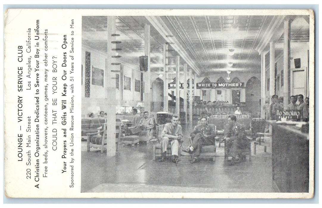 1943 Lounge Victory Service Club Scene Los Angeles California CA Posted Postcard