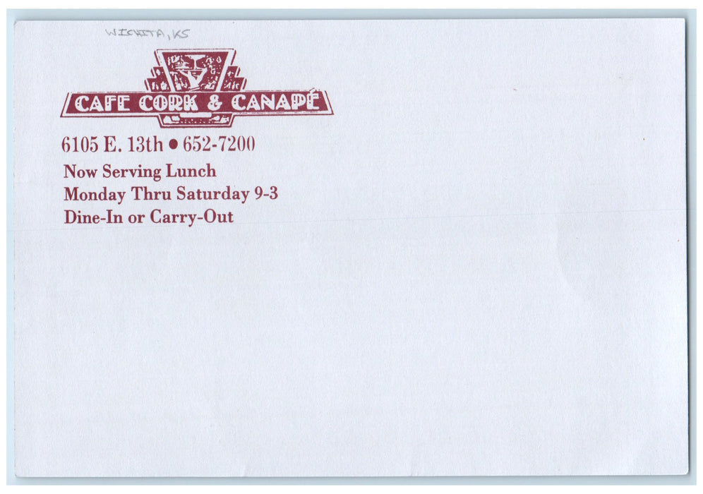 c1960's Cafe Cork And Canape Restaurant Wichita Kansas KS Unposted Ad Postcard