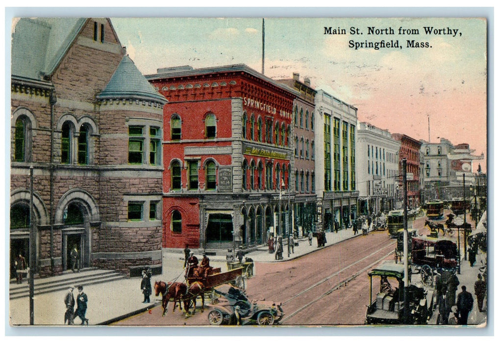 1916 Main Street Scene North From Worthy Springfield Massachusetts MA Postcard