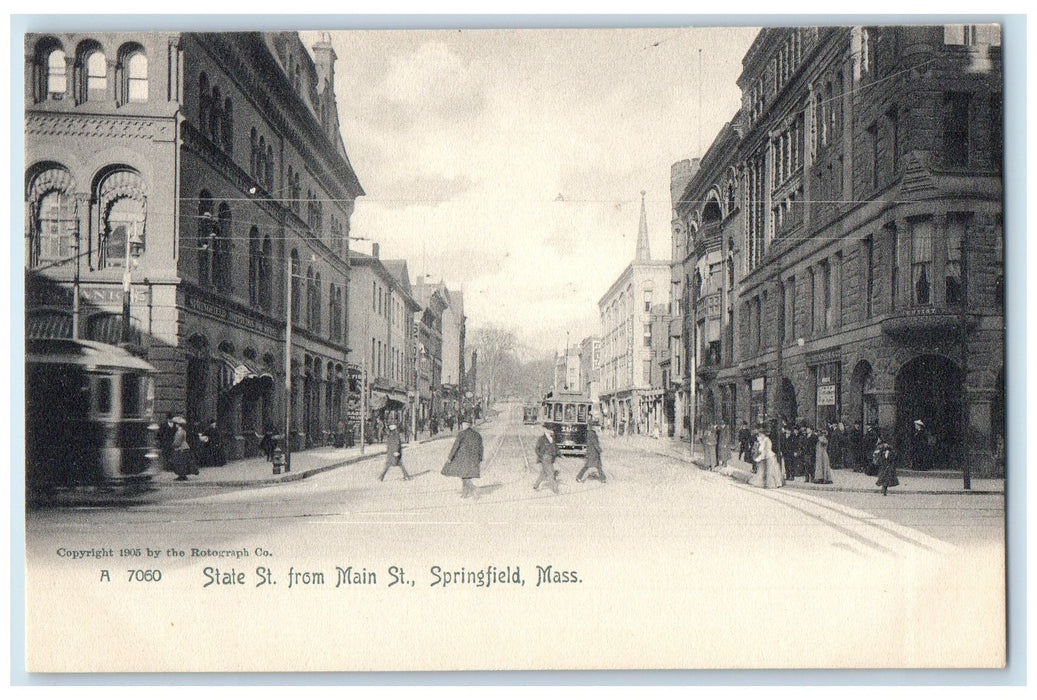 c1905's State Street From Main Street Springfield Massachusetts MA Cars Postcard