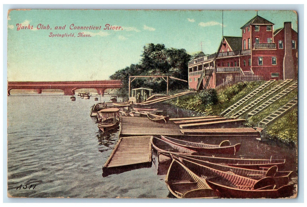 c1910's Yacht Club And Connecticut River Springfield Massachusetts MA Postcard