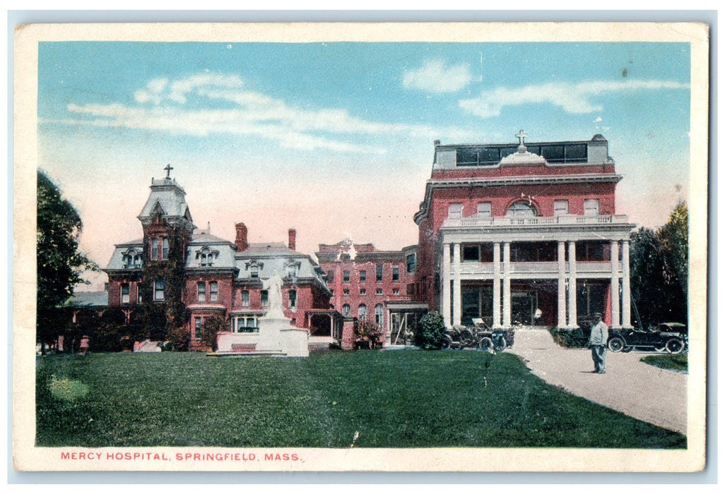 1910 Mercy Hospital Exterior Springfield Massachusetts MA Unposted Cars Postcard