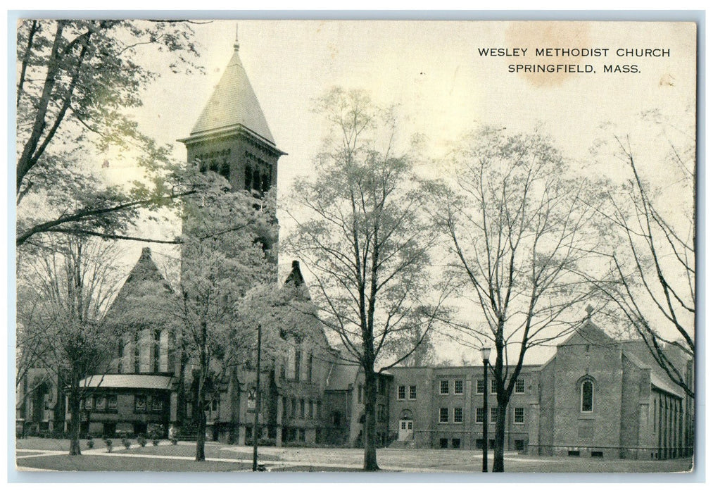 1943 Wesley Methodist Church Exterior Springfield Massachusetts MA Tree Postcard