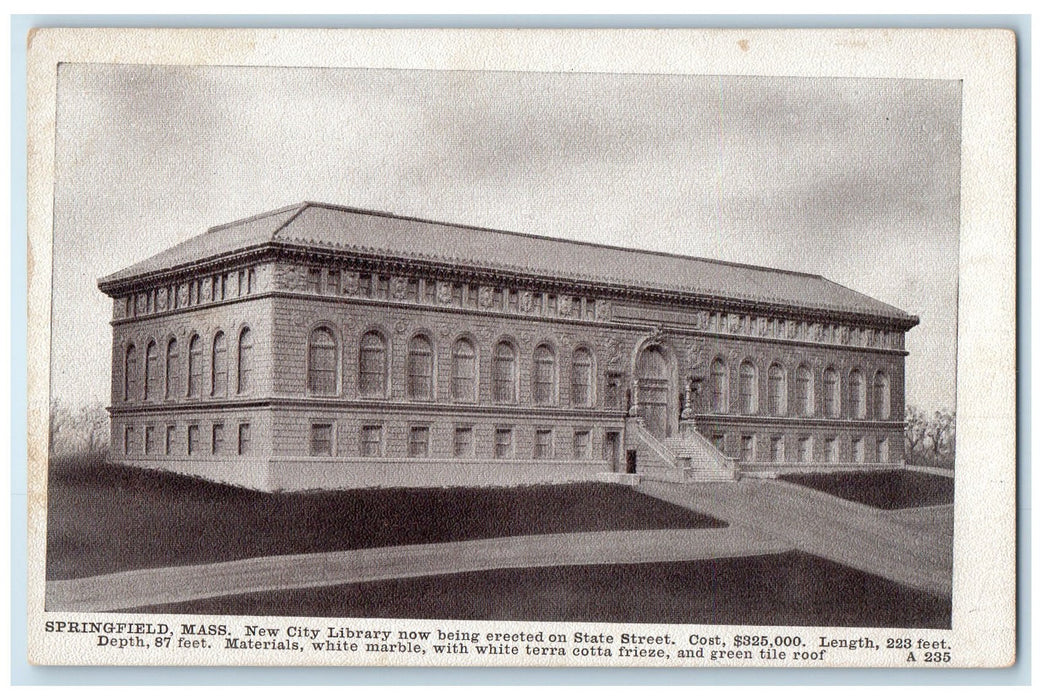 c1920's New City Library Exterior Roadside Springfield Massachusetts MA Postcard