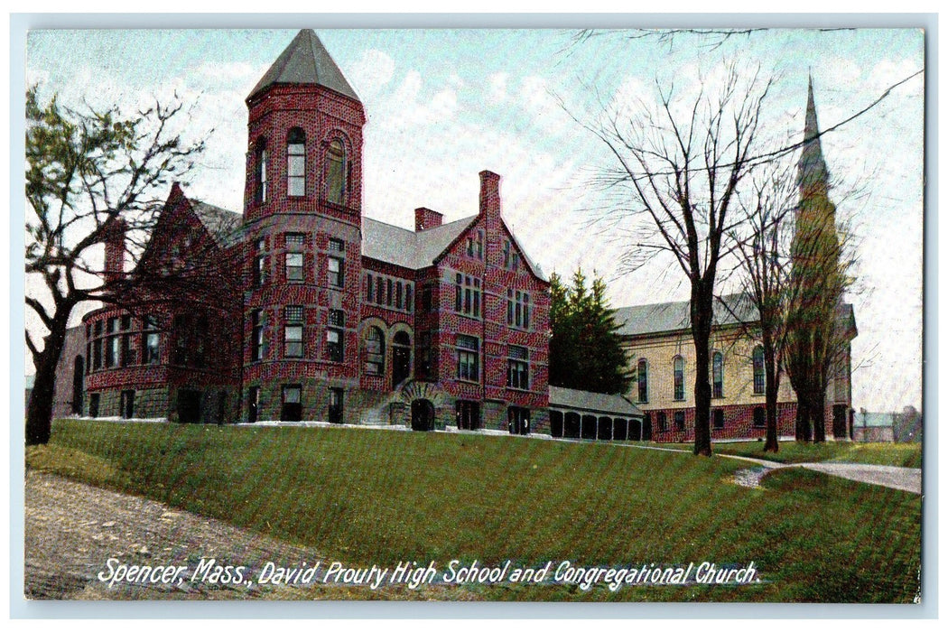 c1905 David Prouty High School & Congregational Church View Spencer MA Postcard