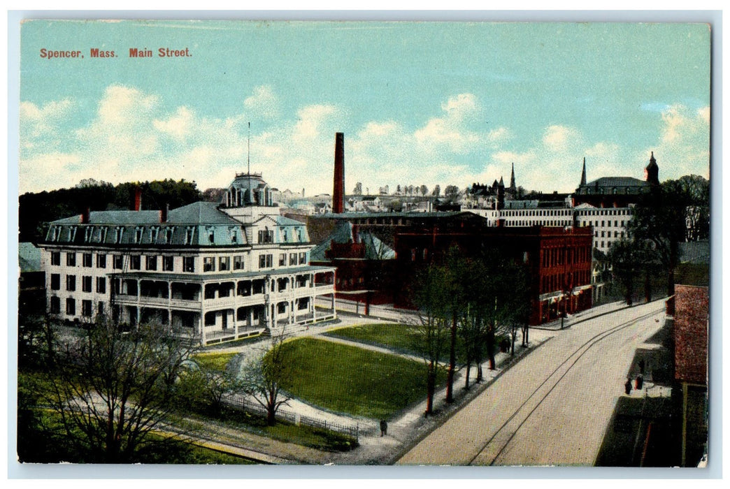 1910 Main Street Building Railroad Smokestacks Spencer Massachusetts MA Postcard