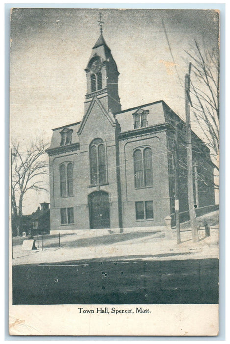 c1920's Town Hall Building Clock Tower Winter Spencer Massachusetts MA Postcard