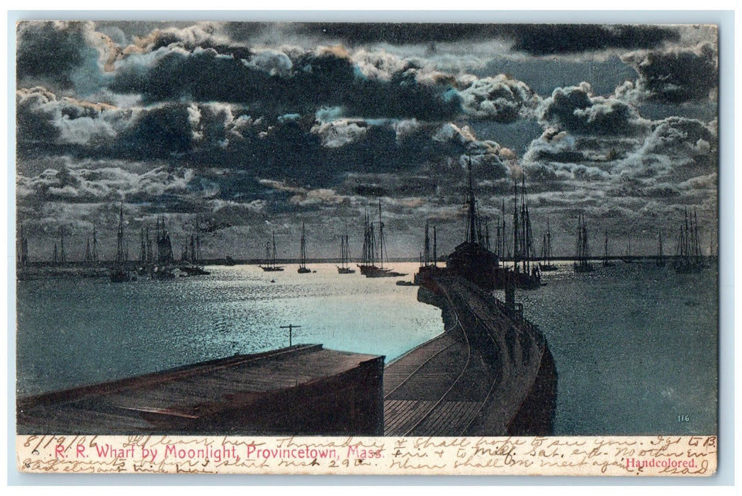 1906 Rail Road By Moonlight Sailboats Provincetown Massachusetts MA Postcard