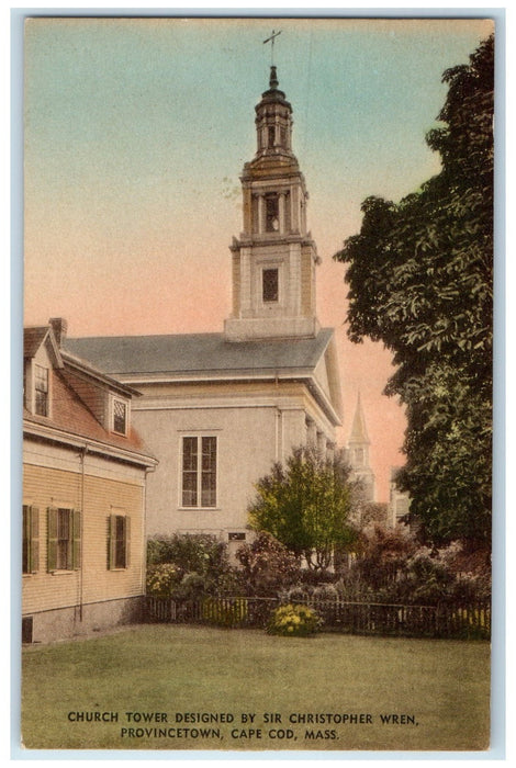 c1910's Church Tower Designed By Christopher Wren Provincetown MA Trees Postcard