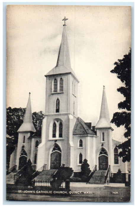 c1950's St. John's Catholic Church Cross Tower Quincy Massachusetts MA Postcard