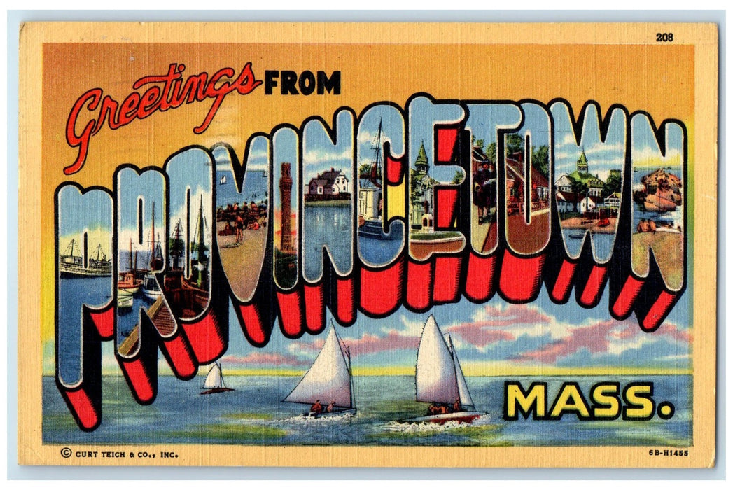 1951 Greetings From Provincetown Big Letters Sailboat Massachusetts MA Postcard