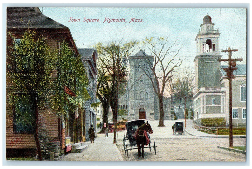 c1910's Town Square Carriages Scene Plymouth Massachusetts MA Unposted Postcard