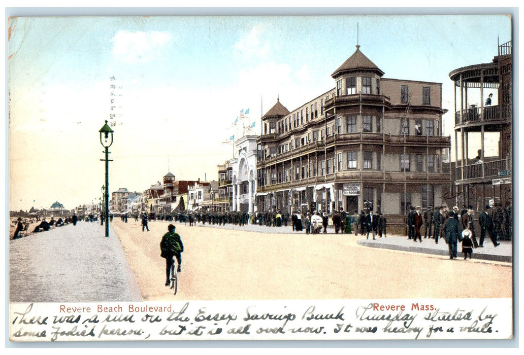 1906 Revere Beach Boulevard Crowd Riding Bicycle Road Massachusetts MA Postcard