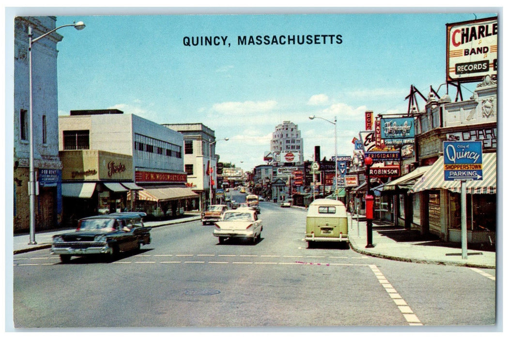 c1950's Business District Classic Cars Establishments Street Quincy MA Postcard