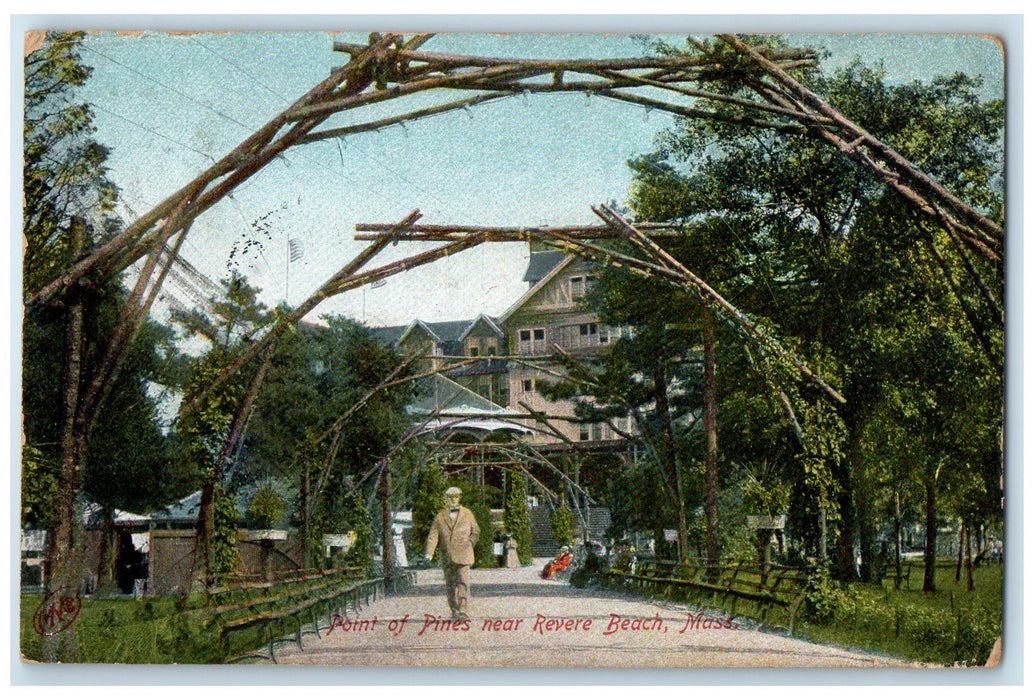 1909 Point Of Pines Bamboo Arch Man Walking View Revere Beach MA Posted Postcard