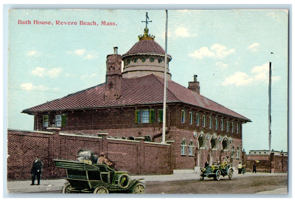 c1910's Bath House Classic Cars Building Revere Beach Massachusetts MA Postcard