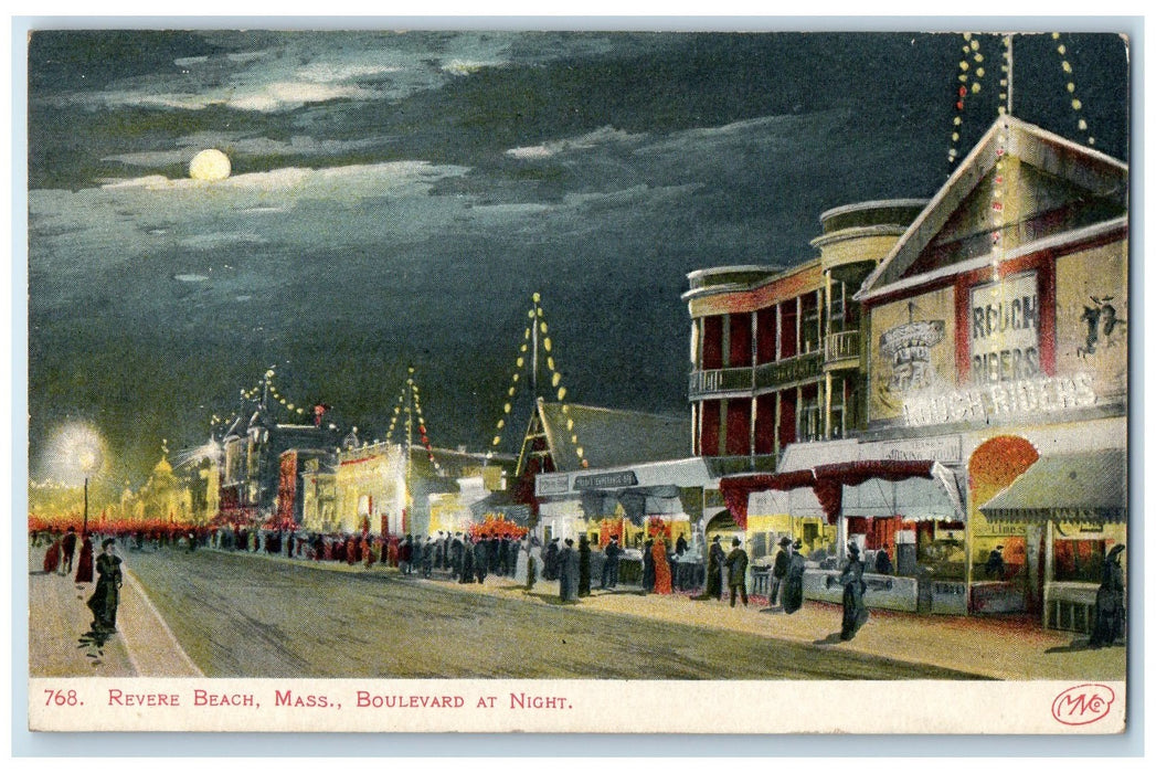 c1905 Boulevard At Night Rough Riders Revere Beach Massachusetts MA Postcard