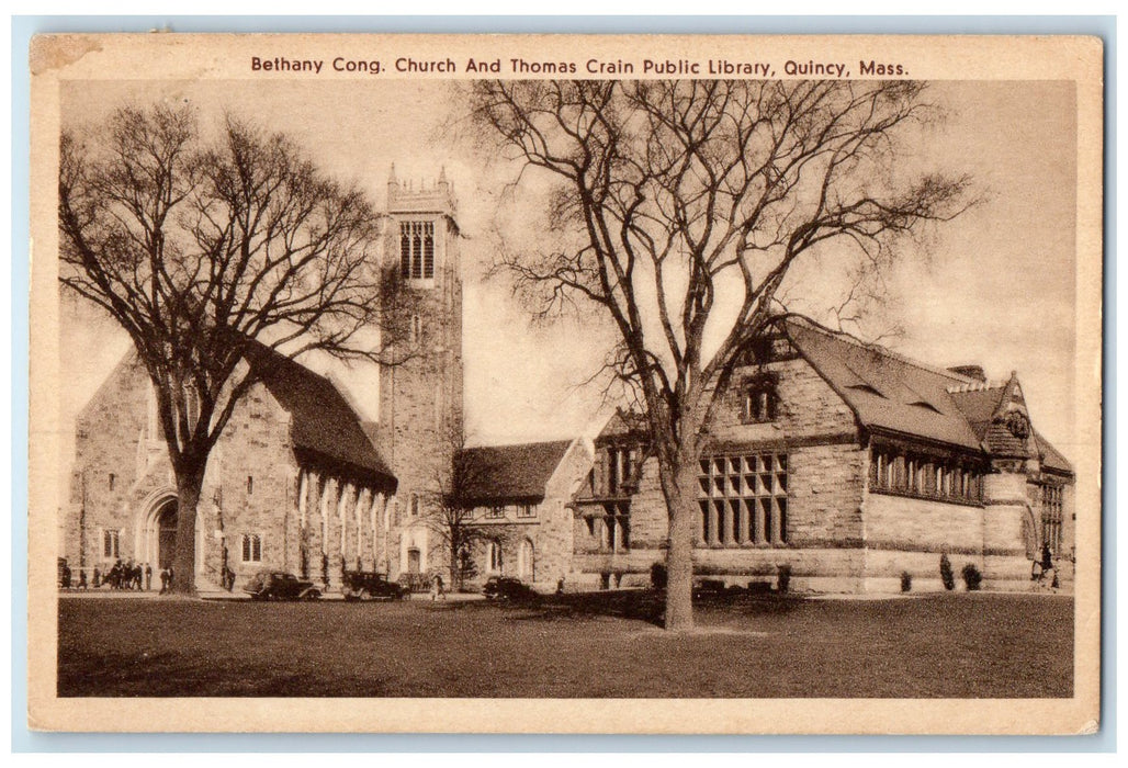 1937 Bethany Cong. Church & Thomas Crain Public Library Tower Quincy MA Postcard