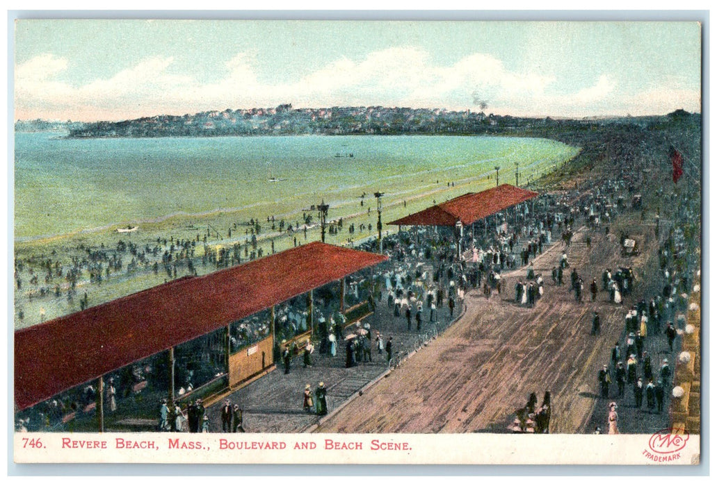 c1905 Boulevard & Beach Scene Crowd View Revere Beach Massachusetts MA Postcard