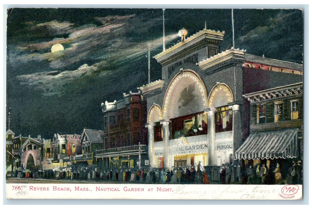 1906 Nautical Garden At Night Crowd View Revere Beach Massachusetts MA Postcard