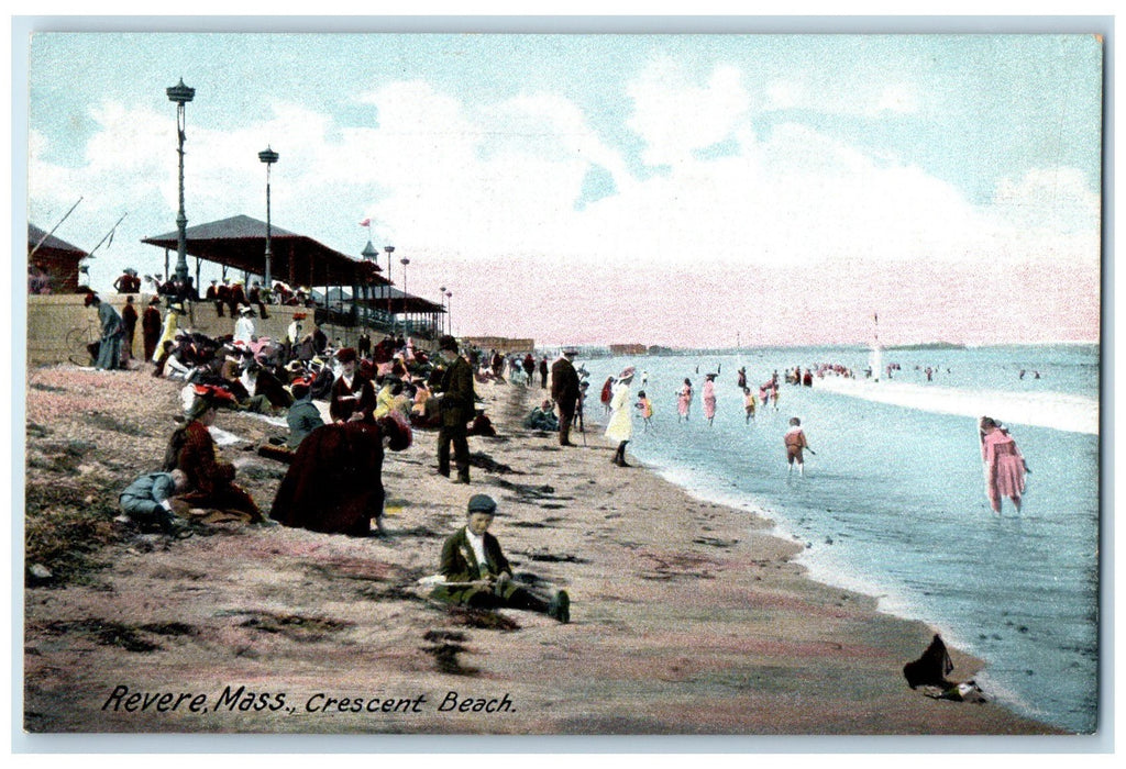 1905 Crescent Beach Bathing Sightseeing Crowd Revere Massachusetts MA Postcard