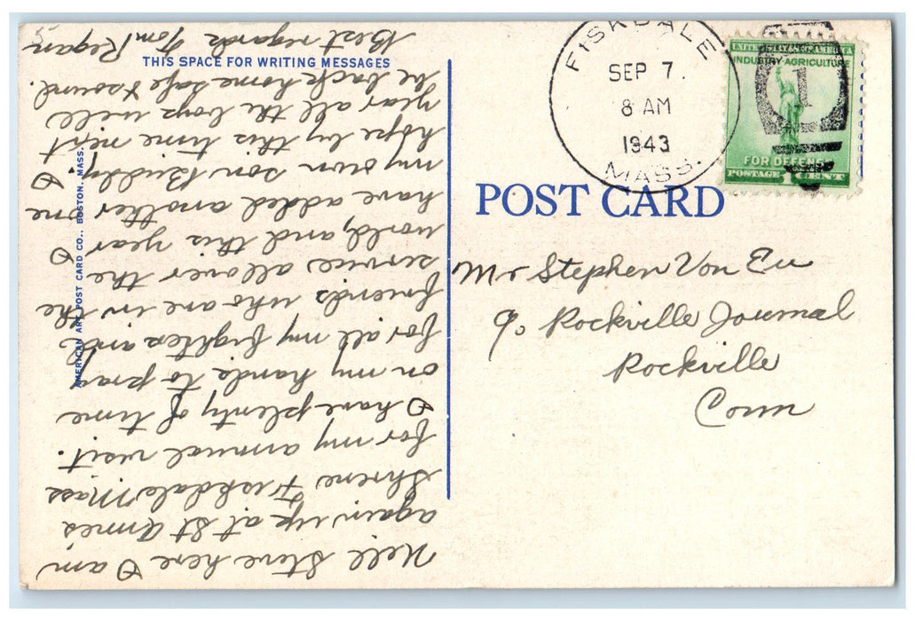 1943 American Optical Company Trees Southbridge Massachusetts MA Posted Postcard