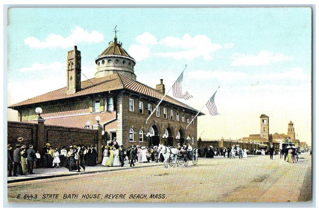 c1910's State Bath House US Flag Crowd Revere Beach Massachusetts MA Postcard