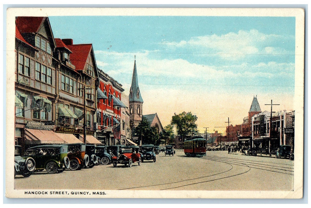 1926 Hancock St. Railroad Classic Cars Trolley Quincy Massachusetts MA Postcard