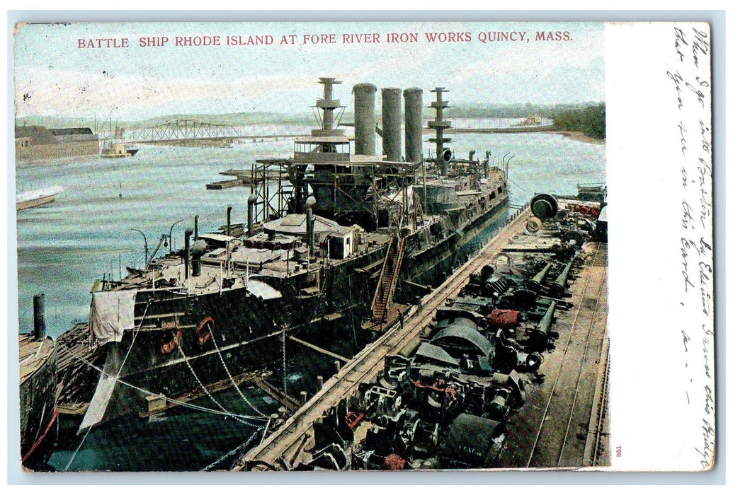 1907 Battle Ship At Fore River Iron Works View Quincy Massachusetts MA Postcard