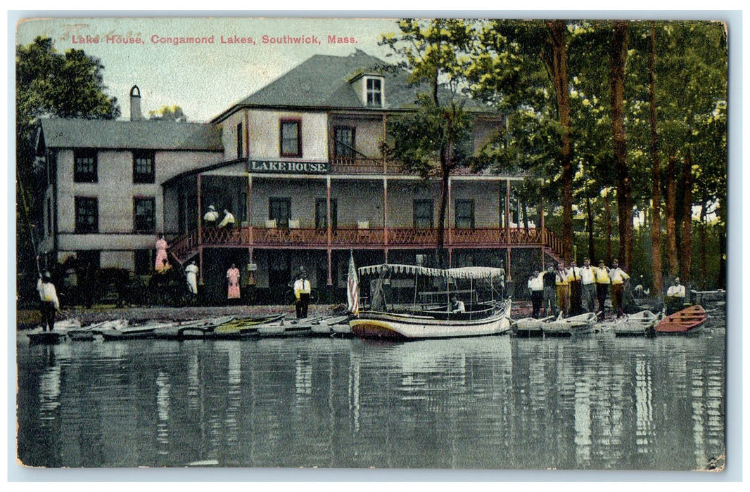 1909 Lake House Congamond Lakes Boats Scene Southwick MA Posted Trees Postcard