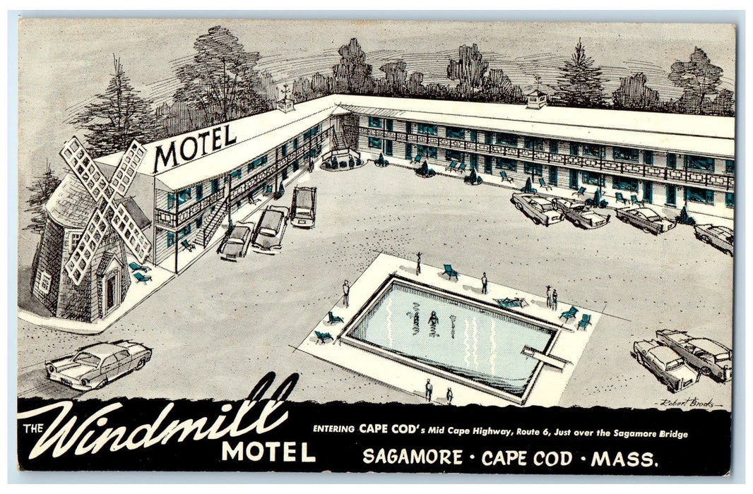 c1950's Windmill Motel Restaurant Sagamore Cape Cod Massachusetts MA Postcard