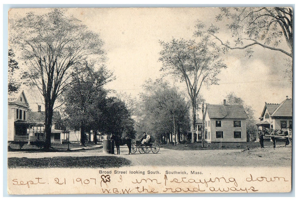 1907 Broad Street Looking South Horse Carriages Southwick MA Posted Postcard