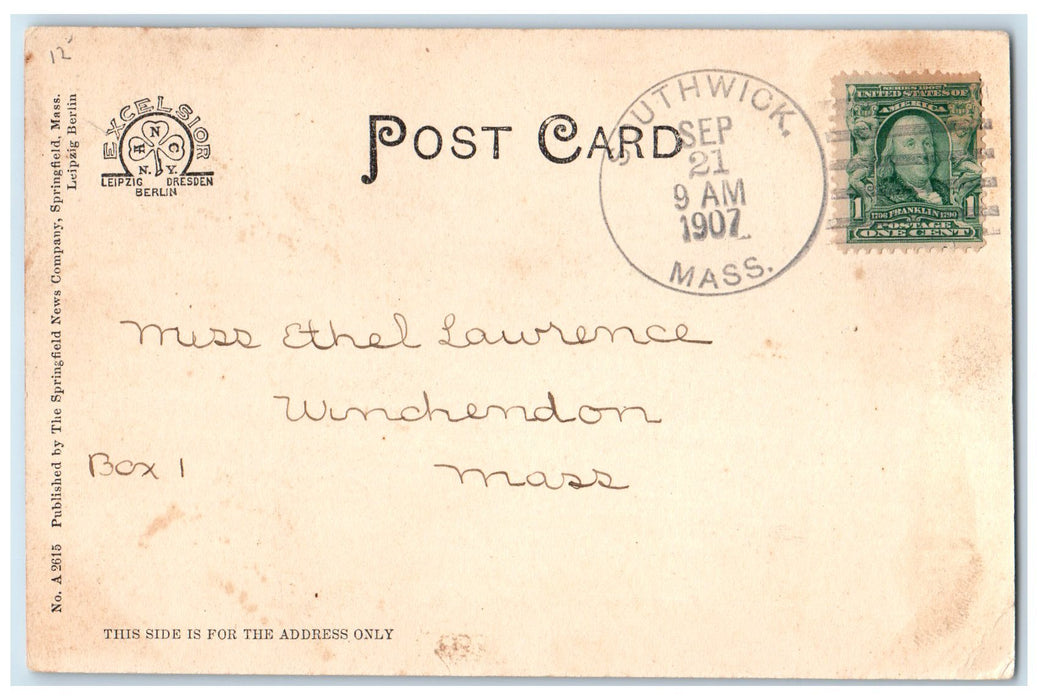 1907 Broad Street Looking South Horse Carriages Southwick MA Posted Postcard