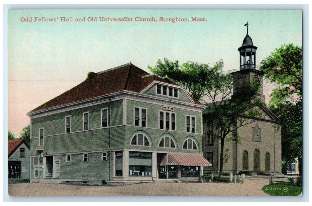 c1950 Odd Fellows Hall & Old Universalist Stoughton Church MA Unposted Postcard