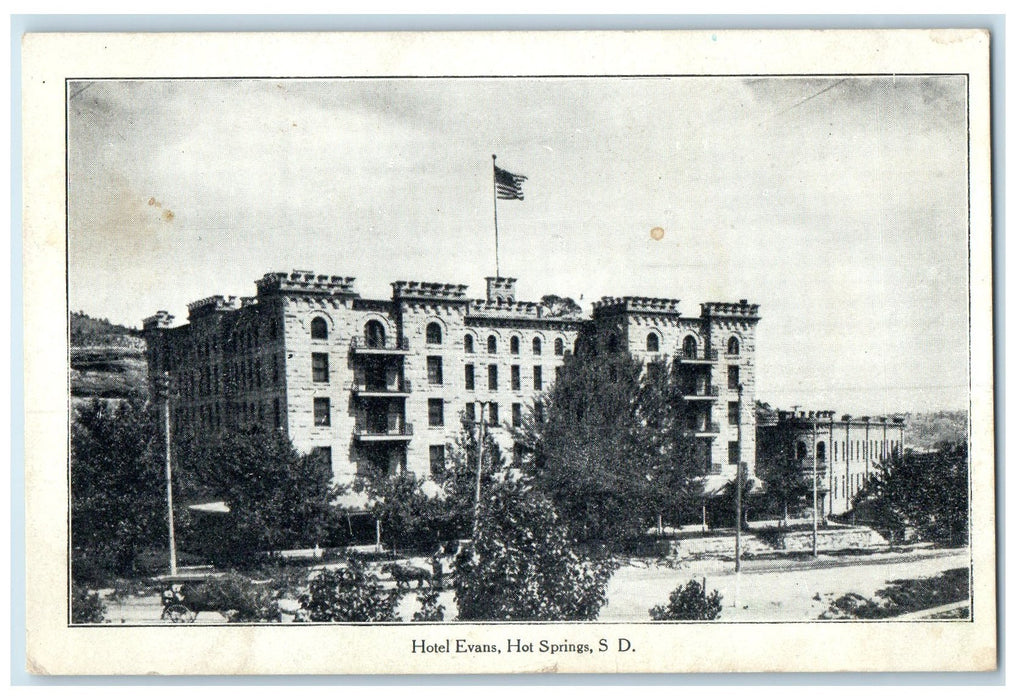 c1920's Hotel Evans Building US Flag Trees Hot Springs South Dakota SD Postcard