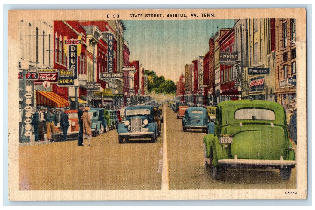 c1940's State Street Border Downtown Cars Bristol Virginia Tennessee TN Postcard