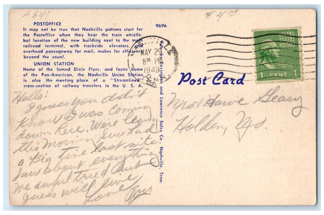 1949 US Post Office & Union Station Building Nashville Tennessee TN Postcard