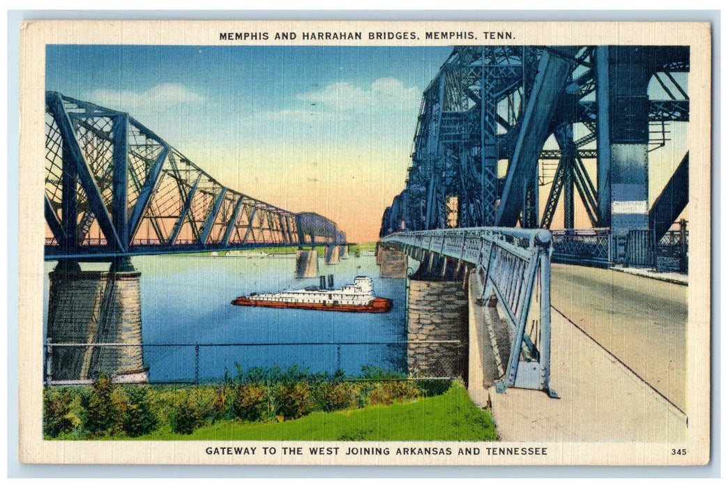 1943 Memphis & Harrahan Truss Bridges Ship Passes Memphis Tennessee TN Postcard
