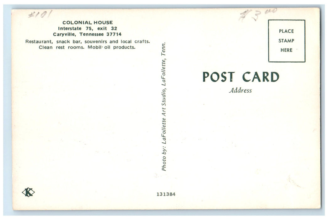 c1950's Colonial House Restaurant Local Crafts Caryville Tennessee TN Postcard