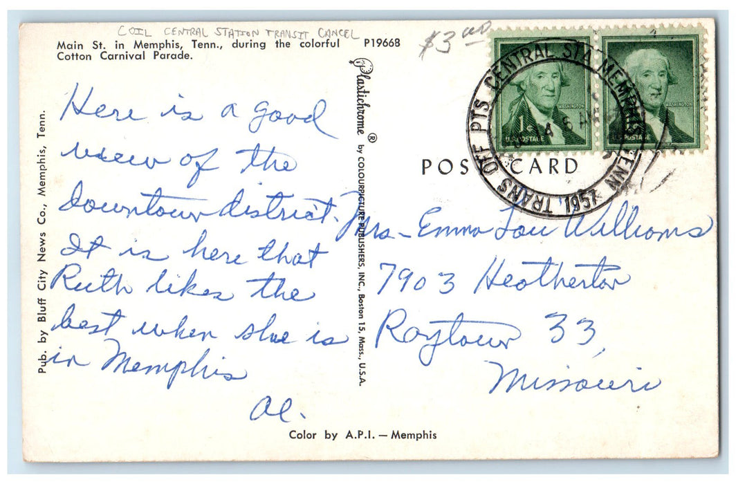 1957 Main Street Downtown Cotton Carnival Parade Memphis Tennessee TN Postcard